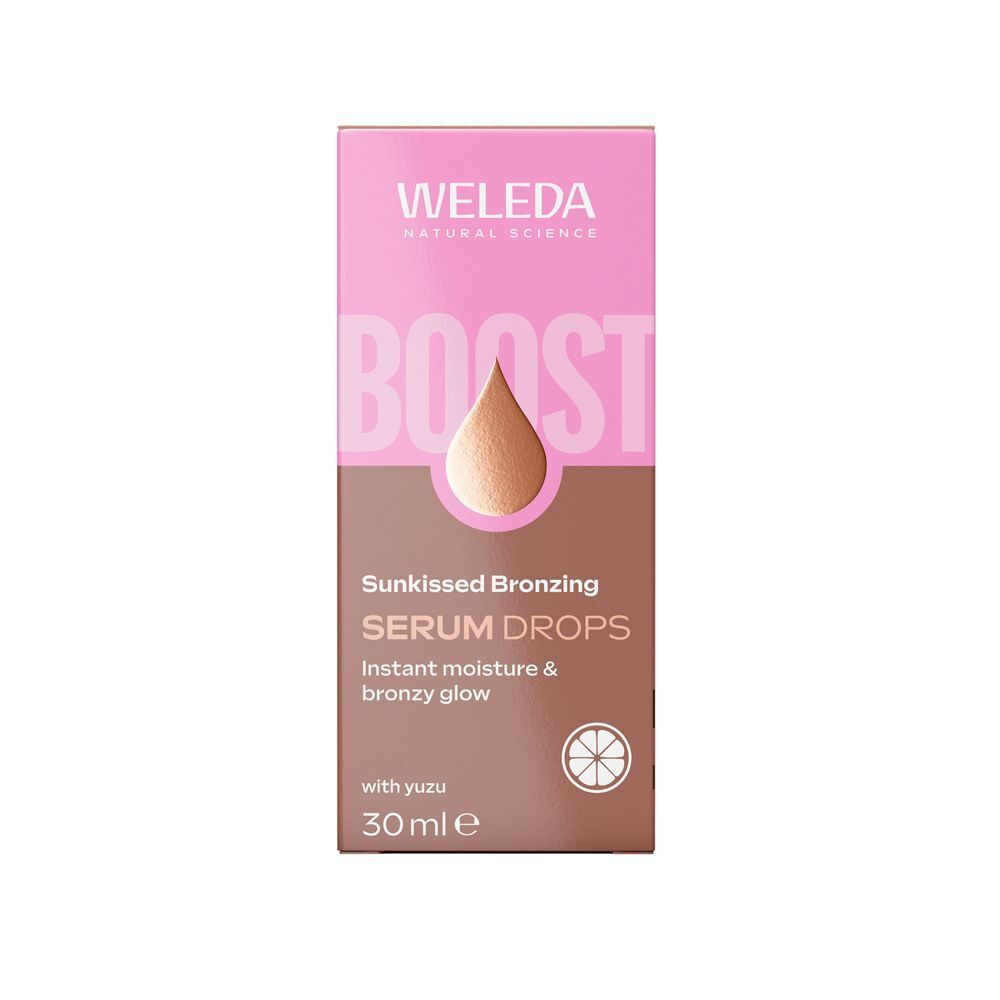 Confezione WELEDA Sunkissed Bronzing Serum Drops 30ml con testo.