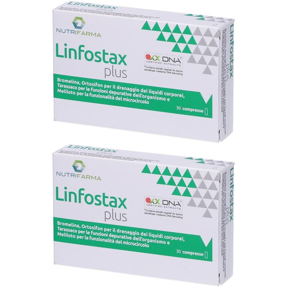 Due confezioni di Linfostax Plus Compresse con logo Nutrifarma e triangoli verdi.