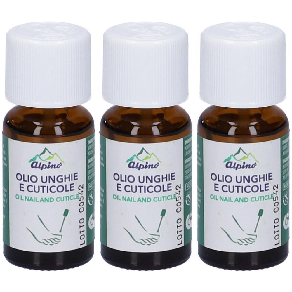 Tre flaconi di Olio Unghie e Cuticole Alpino. Flaconi in vetro ambrato con tappi ed etichette bianche.