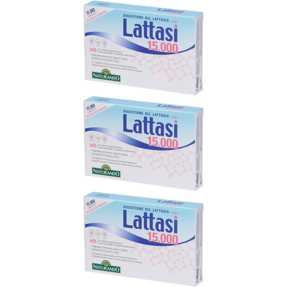 Tre confezioni di compresse Lattasi 15.000 per la digestione del lattosio di Naturando.