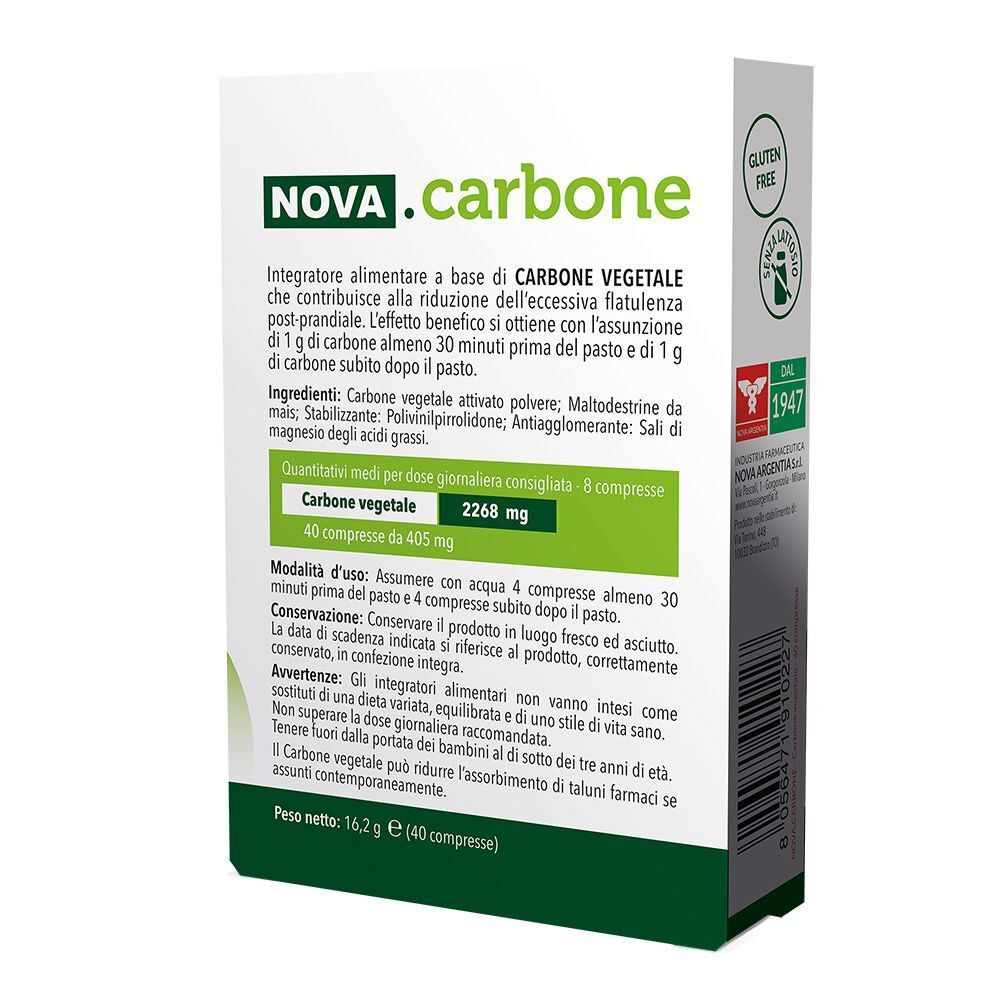 Retro di una confezione di NOVA.CARBONE VEGETALE compresse, con ingredienti e istruzioni d'uso.