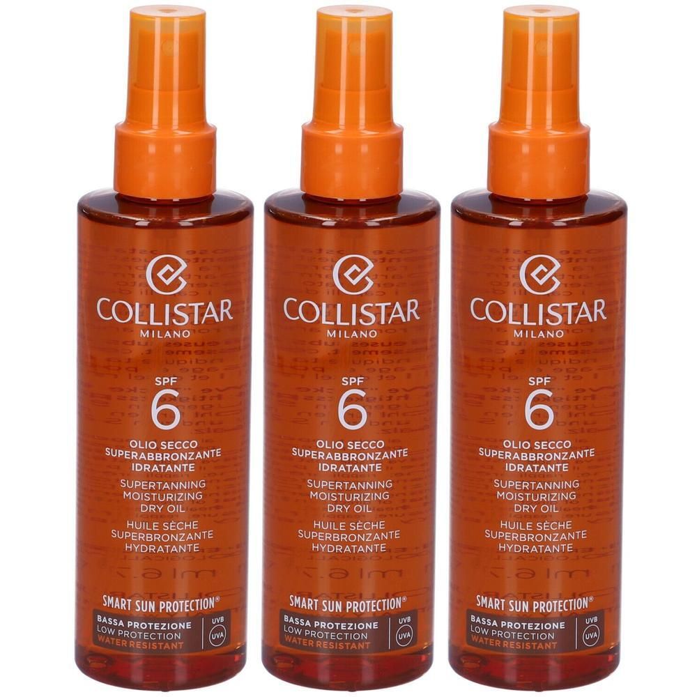 Tre flaconi di olio abbronzante Collistar SPF 6. Flaconi trasparenti con erogatori spray arancioni.