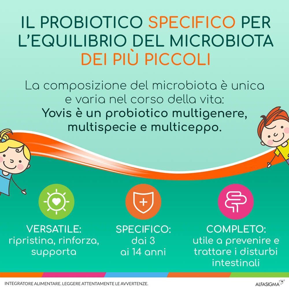 Yovis Bambini: Probiotico specifico per il microbiota, versatile, dai 3 ai 14 anni.
