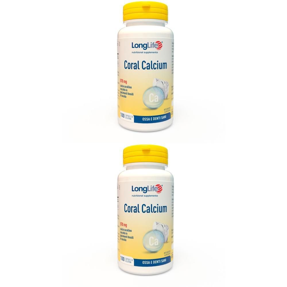Due flaconi di Longlife Coral Calcium, integratori alimentari, con tappi gialli.