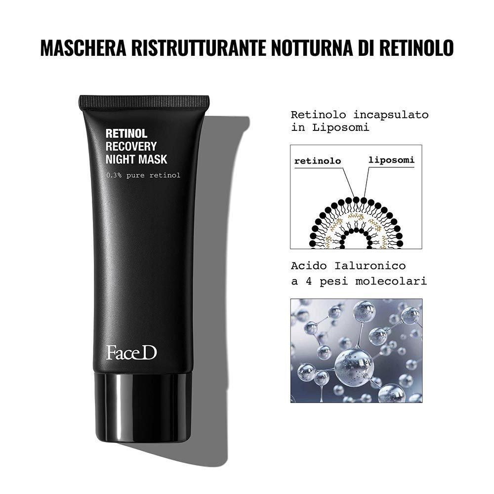 Face D Retinol Recovery Night Mask con infografiche sugli ingredienti.