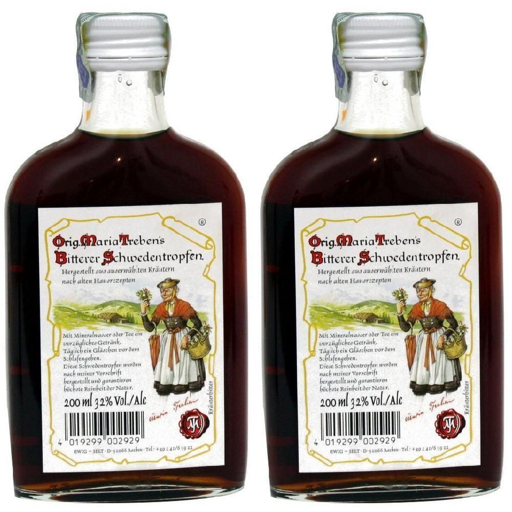 Due bottiglie di amaro svedese con etichetta e illustrazione di donna con erbe.