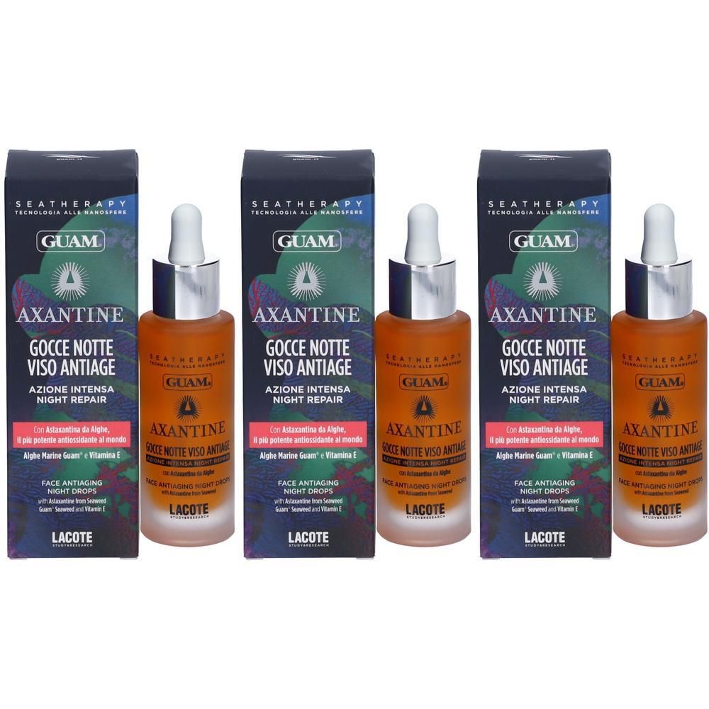 Tre flaconi di Guam Axantine Gocce Notte Viso Antiage con contagocce e confezione.