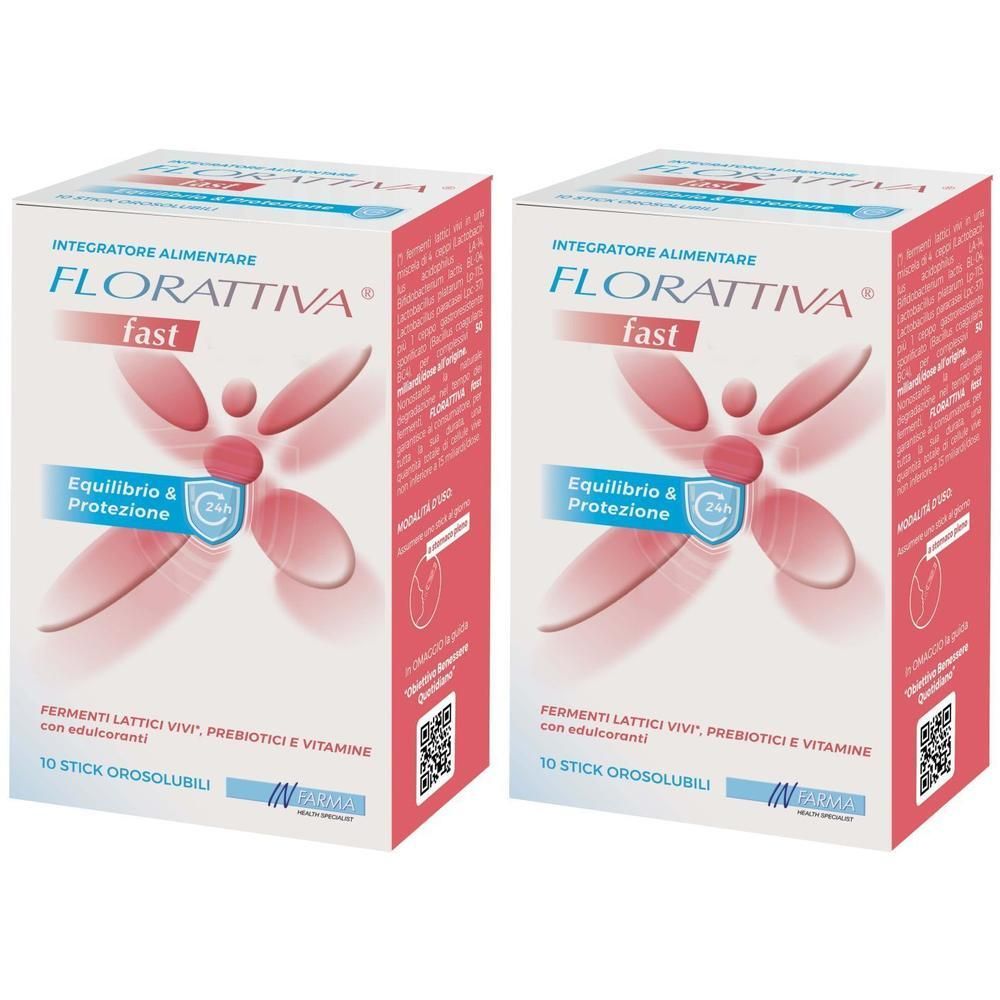 Due confezioni di Florattiva Fast Orosolubili da 10 stick. Contiene fermenti lattici vivi, prebiotici e vitamine.