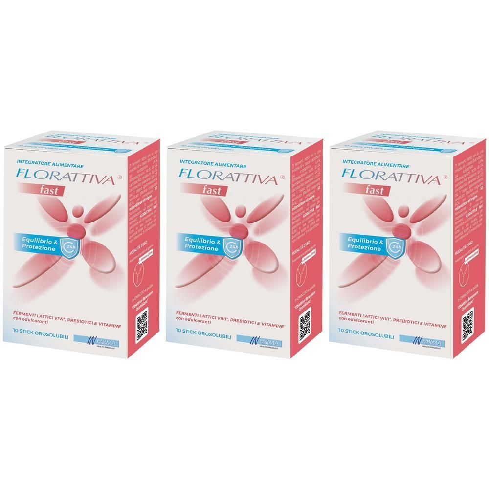 Tre confezioni di Florattiva Fast Stick Orosolubili con fermenti lattici, probiotici e vitamine.
