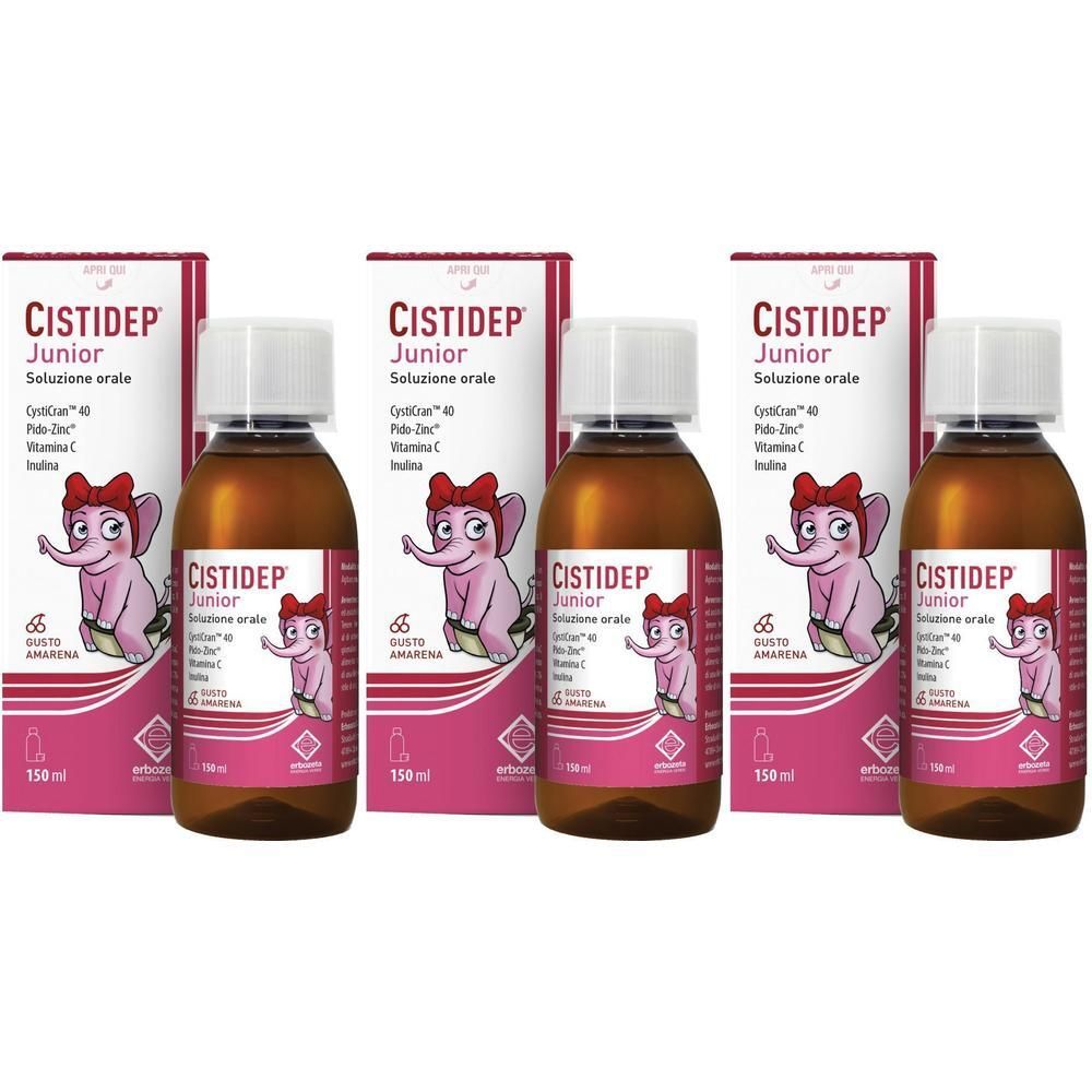 Tre flaconi di Cistidep Junior soluzione orale con scatole. Ogni flacone contiene 150 ml.
