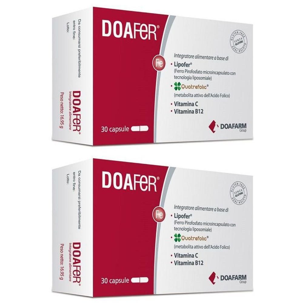 Due confezioni di Doafer 30 capsule, con informazioni su Lipofer, Quatrefolic, Vitamina C e B12.