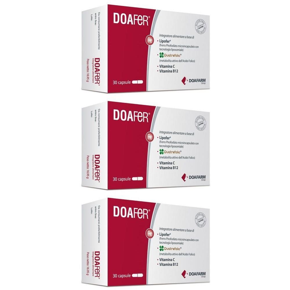 Tre scatole di Doafer 30 capsule, rosse e bianche, con informazioni sul prodotto.