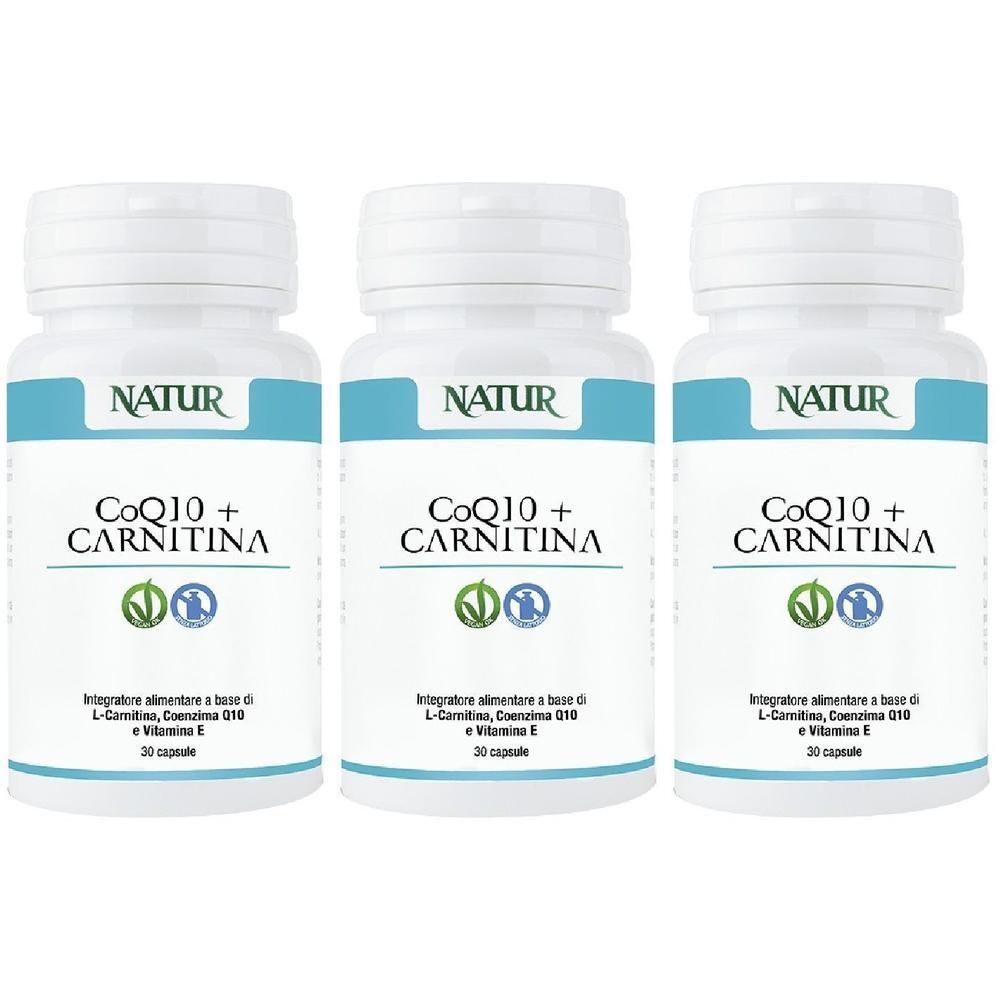 Tre flaconi di CoQ10 + Carnitina, integratori alimentari, 30 capsule ciascuno.