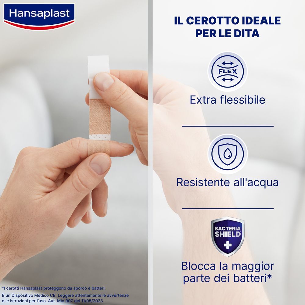 Applicazione di un Hansaplast Cerotto dita. Extra flessibile, resistente all'acqua, protezione batteri.