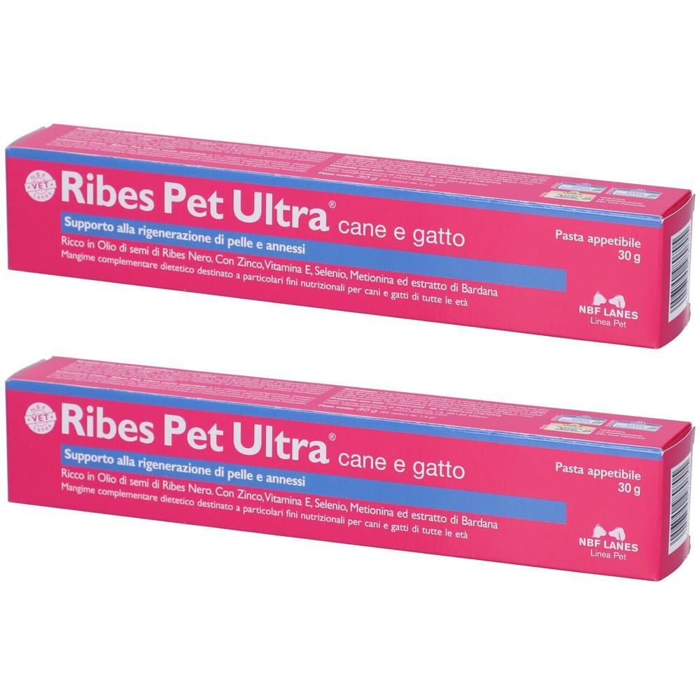 Due scatole rosa di mangime complementare Ribes Pet Ultra. 30 g per scatola.