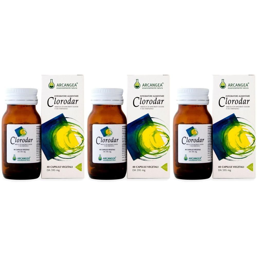 Tre confezioni di Clorodar 40 capsule vegetali con flaconi in vetro marrone e tappi bianchi.