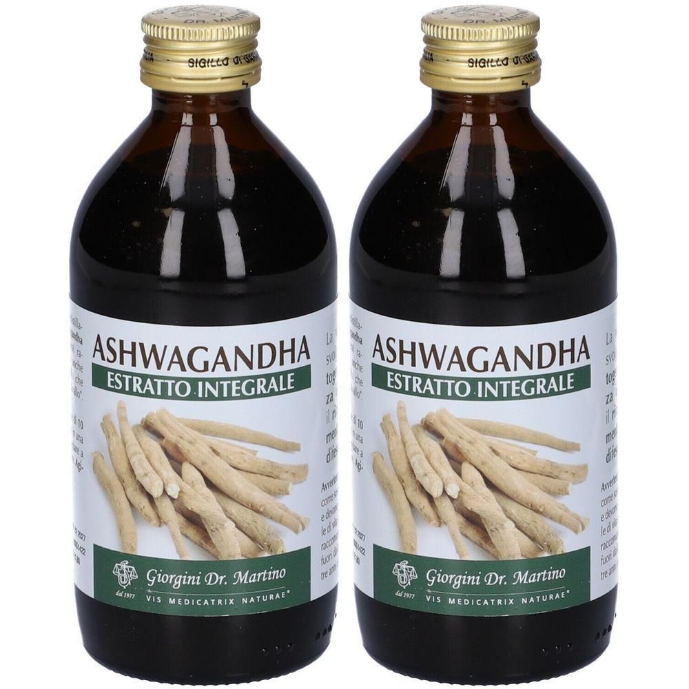 Due bottiglie di Ashwagandha Estratto Integrale con immagine di radice e tappo dorato.