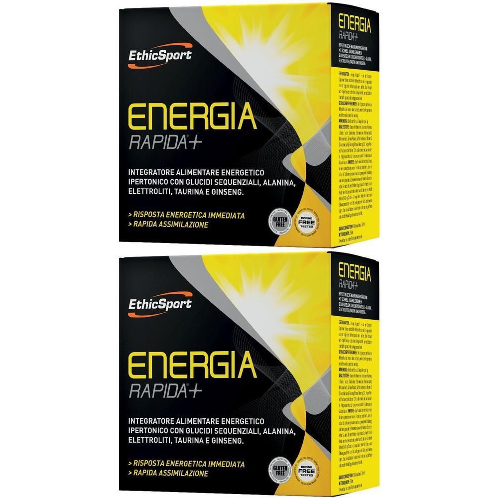 Due confezioni di EthicSport Energia Rapida+ integratore alimentare con glucosio, alanina, elettroliti, taurina e ginseng.
