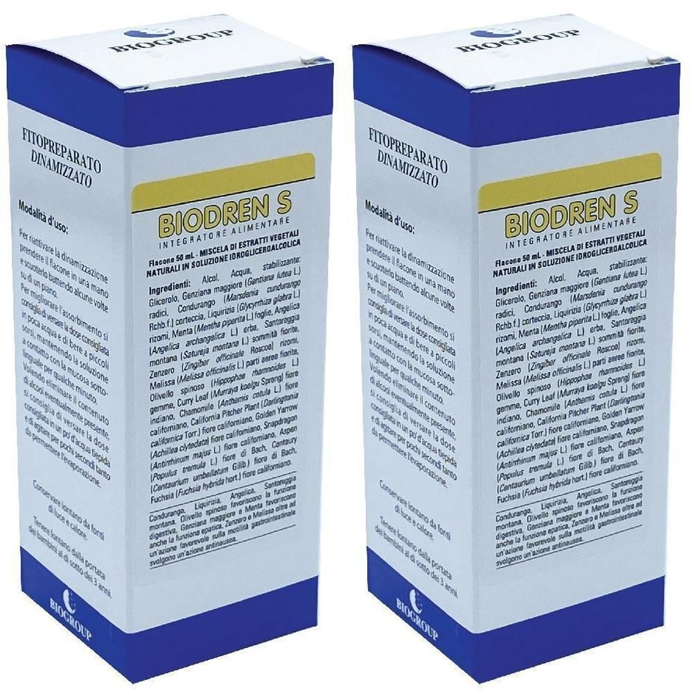 Due confezioni di Biodren S, integratore alimentare a base di estratti vegetali.