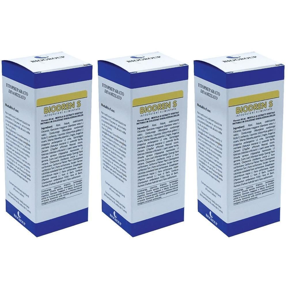 Tre confezioni di Biodren S, integratore alimentare. Scatole bianche con accenti blu e gialli.