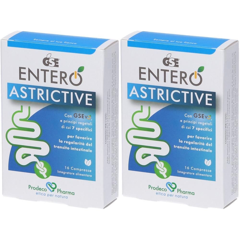 Due confezioni di Gse Entero Astrictive, 16 compresse per confezione. Grafica intestinale sul fronte.