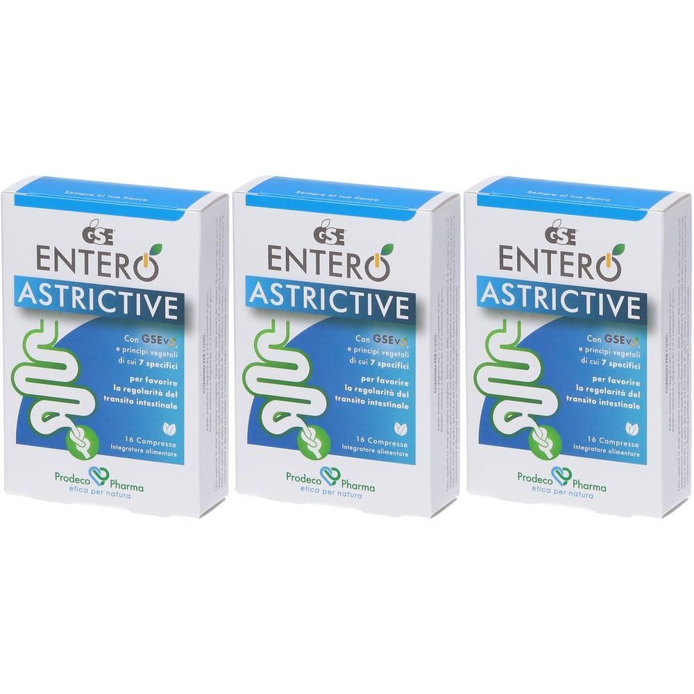 Tre confezioni di compresse Gse Entero Astrictive con grafica intestinale.