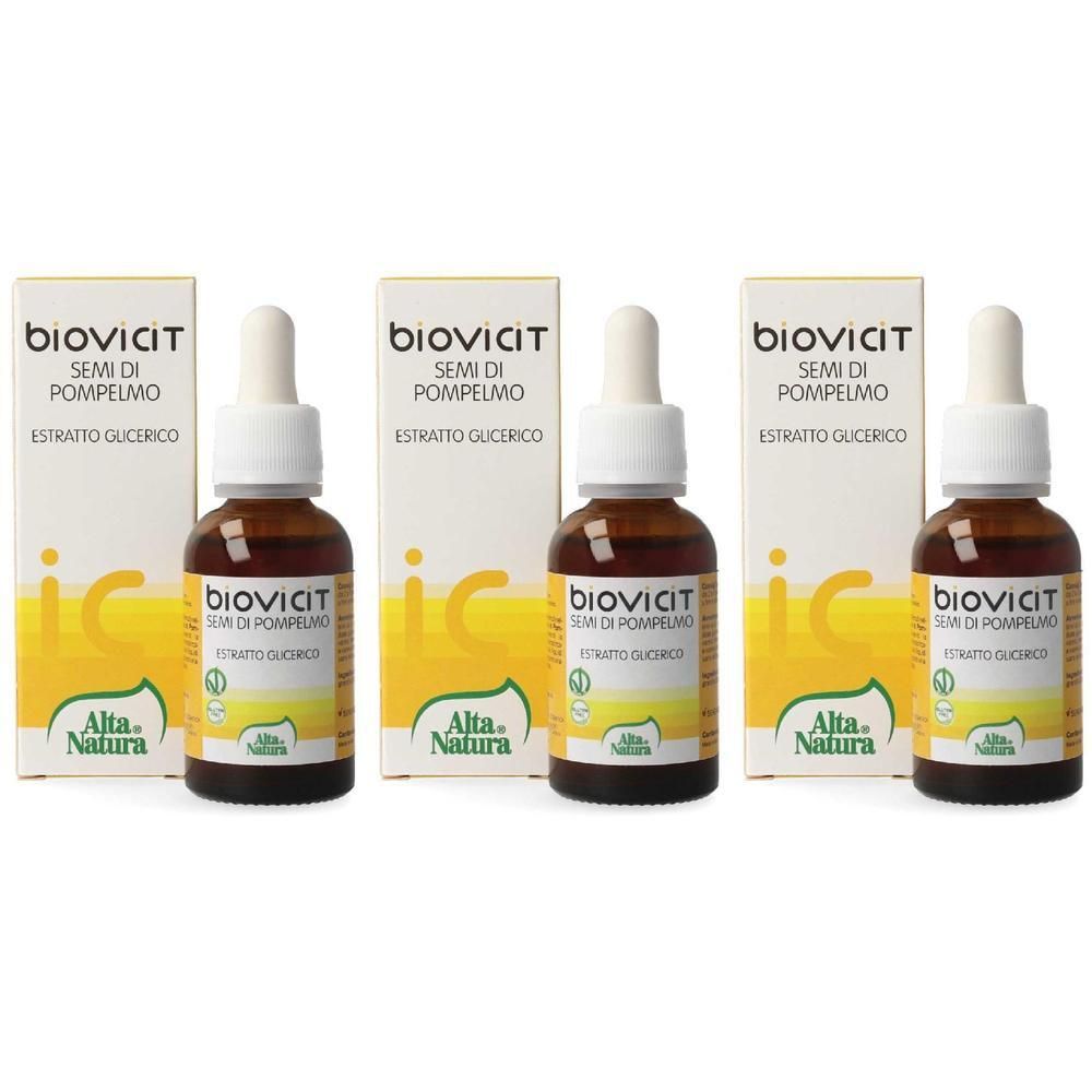 Tre flaconi di Biovicit Semi di Pompelmo Alta Natura con contagocce e scatole.