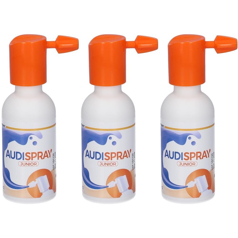 Tre flaconi di Audispray Junior per la pulizia delle orecchie, con erogatori spray arancioni.