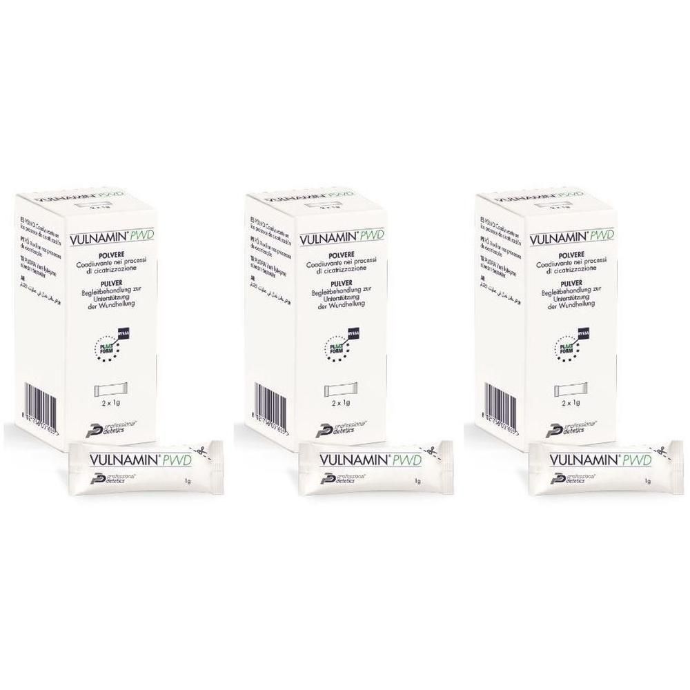 Tre confezioni di polvere Vulnamin PWD, ciascuna con due stick pack da 1g per medicazione di ferite.