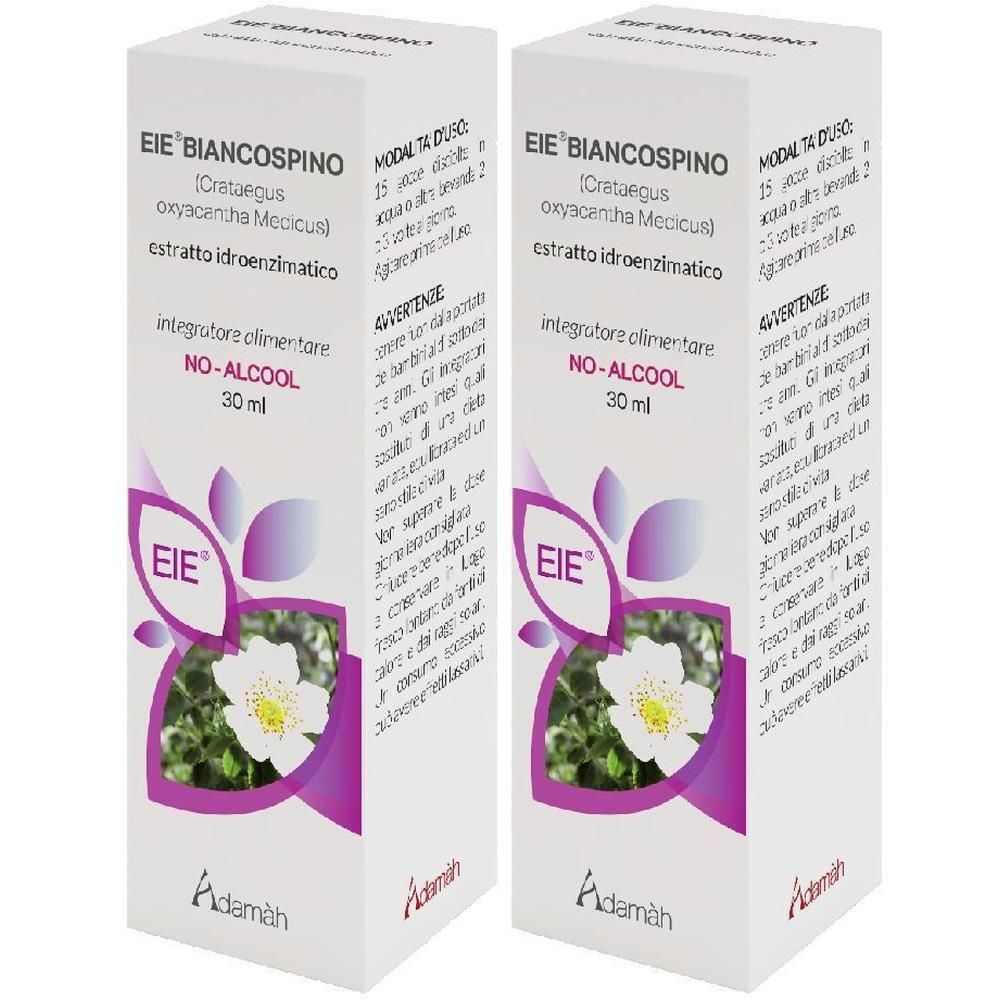 Due confezioni di gocce EIE Biancospino, 30ml, senza alcol. Con fiore di biancospino.