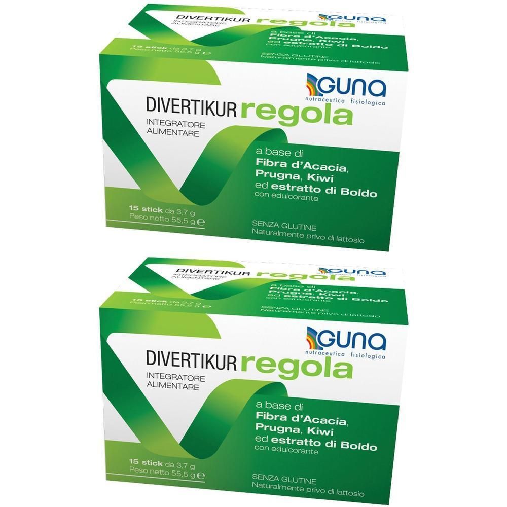 Due confezioni di Divertikur Regola, integratore alimentare a base di fibra d'acacia, prugna e kiwi.