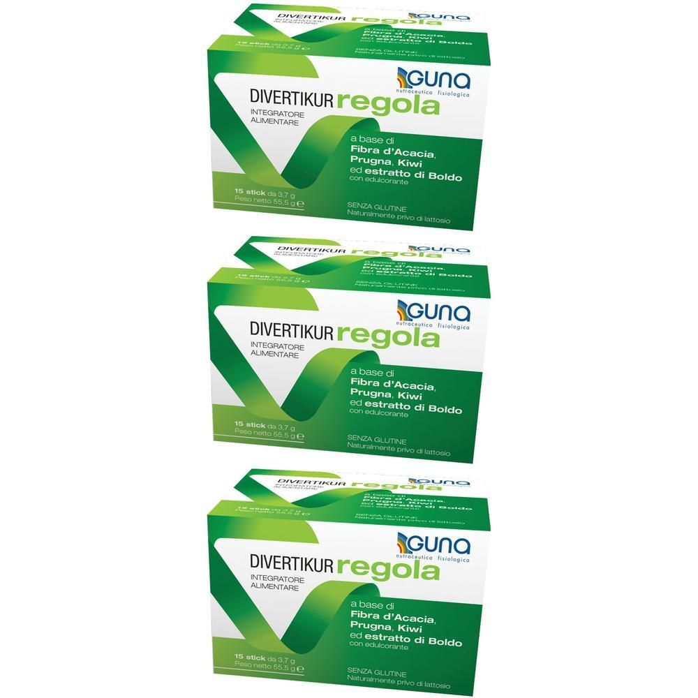 Tre scatole di Divertikur Regola, integratore alimentare a base di fibra d'acacia, prugna e kiwi.