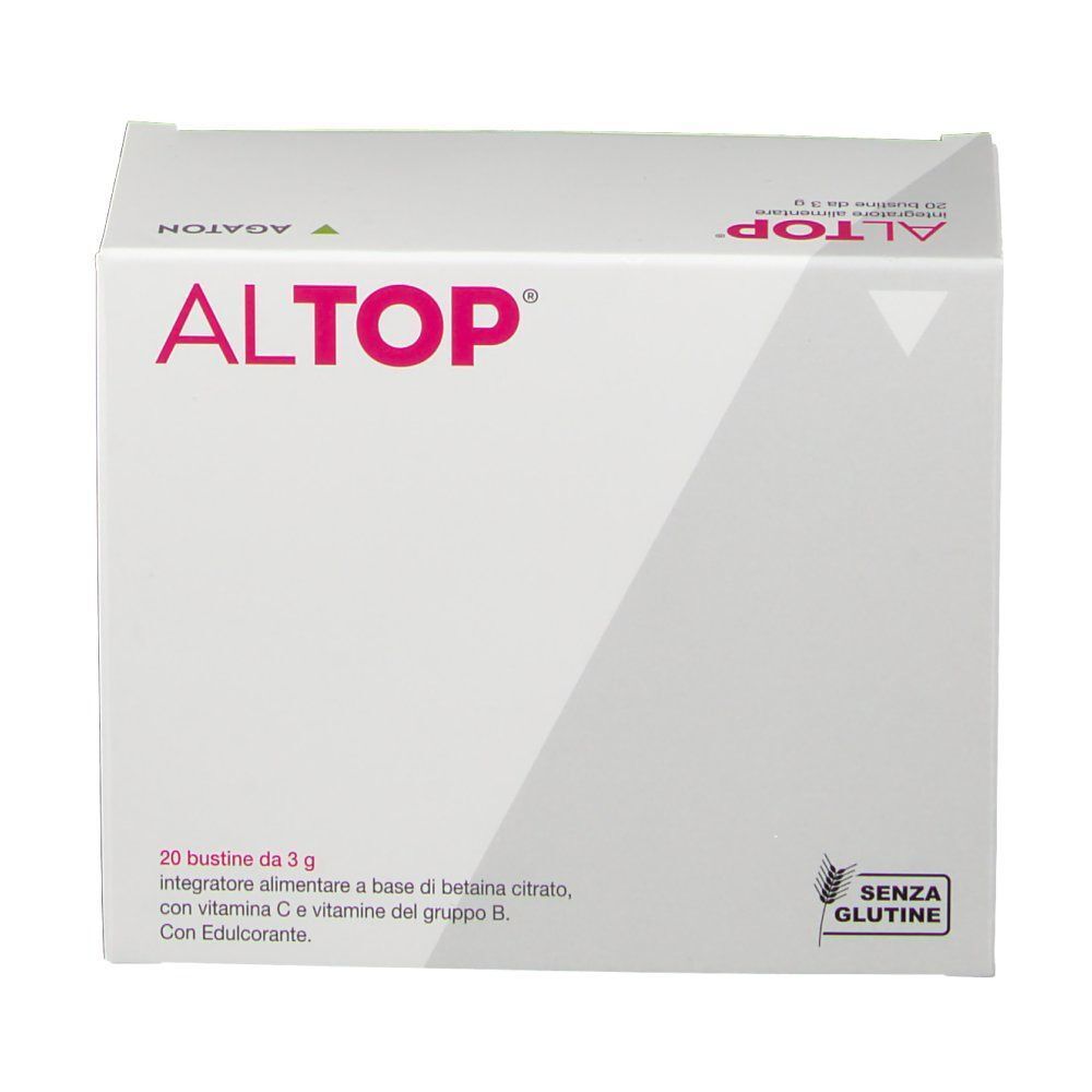 Una confezione di Altop Bustine, bianca con scritta rosa e sigillo "Senza Glutine".