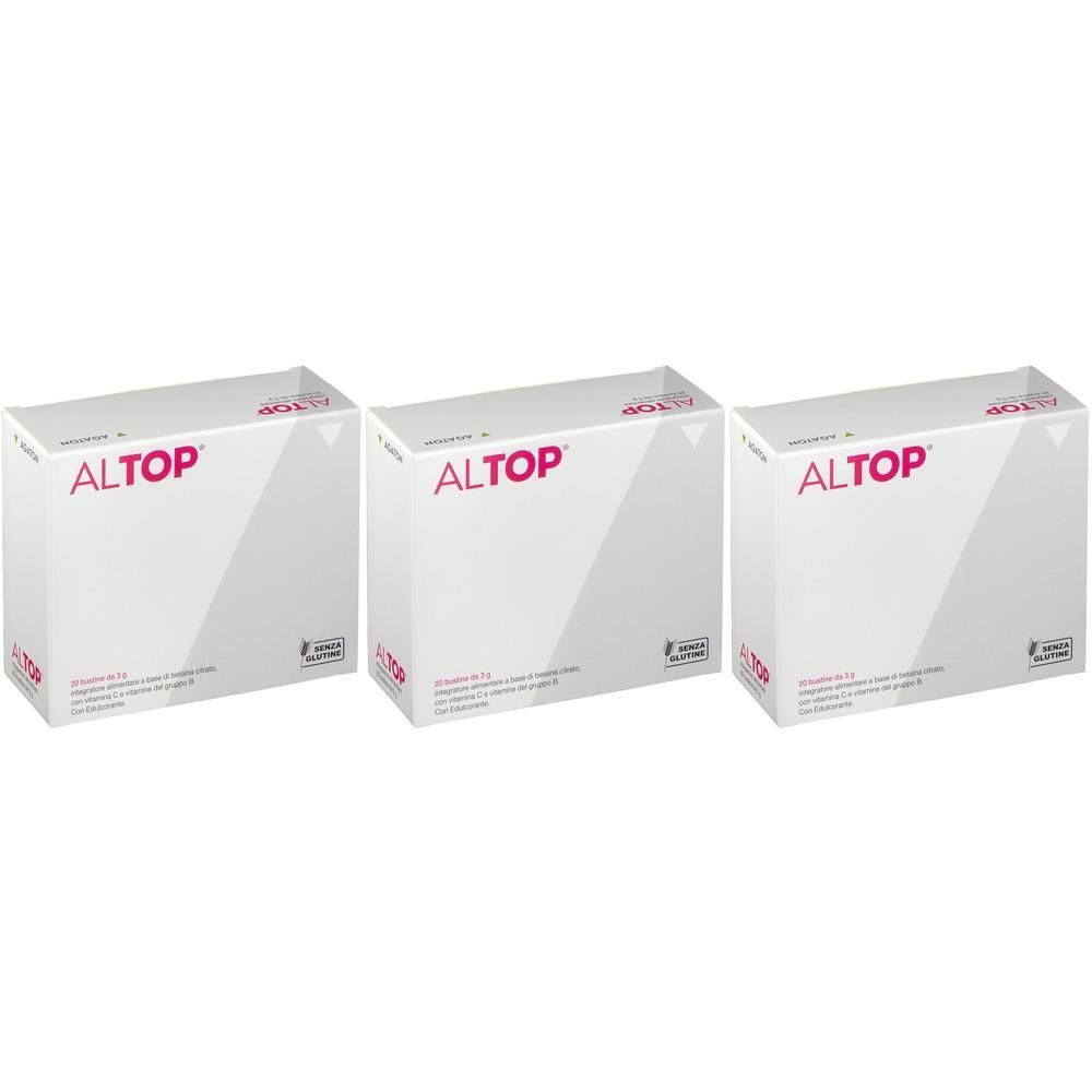 Tre confezioni di Altop Bustine, mostrate frontalmente e lateralmente.