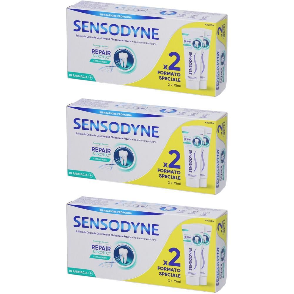 Tre confezioni di dentifricio Sensodyne Repair & Protect, ciascuna da 75ml.