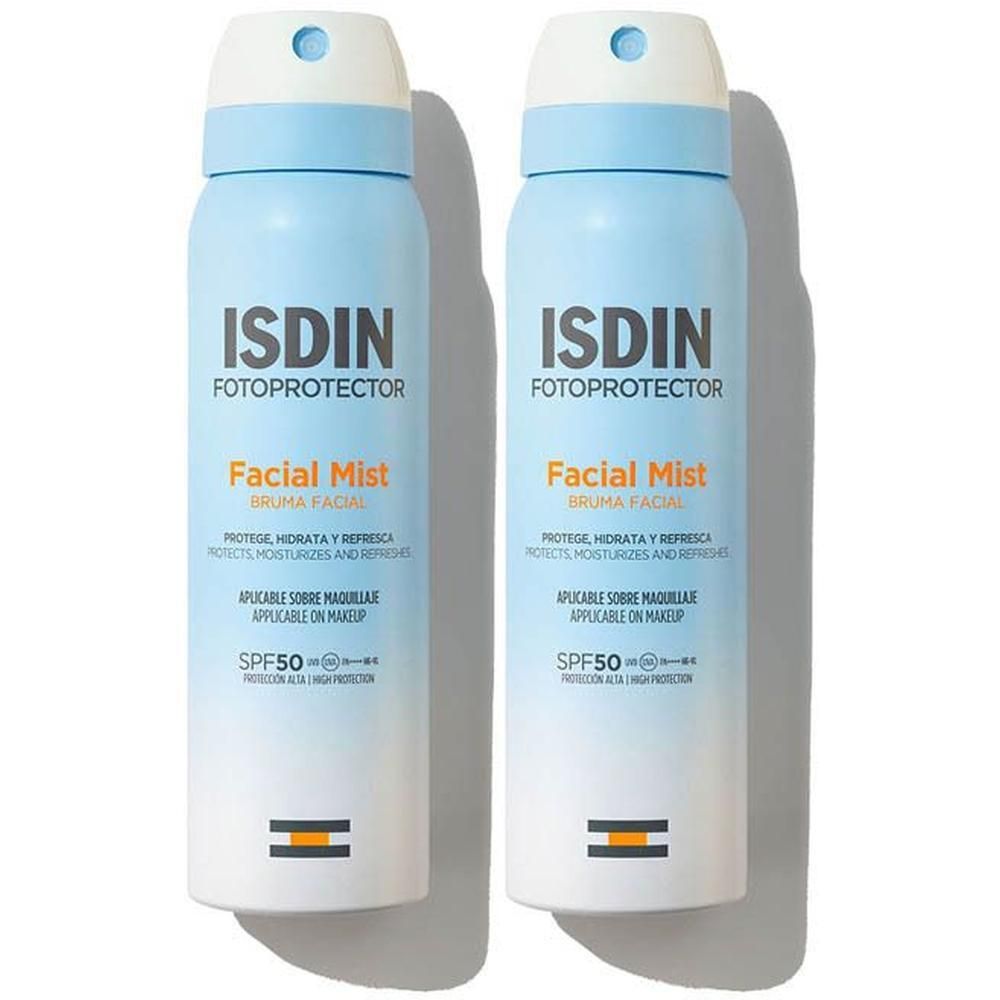 Due flaconi spray ISDIN Fotoprotector Bruma Viso SPF 50 affiancati.