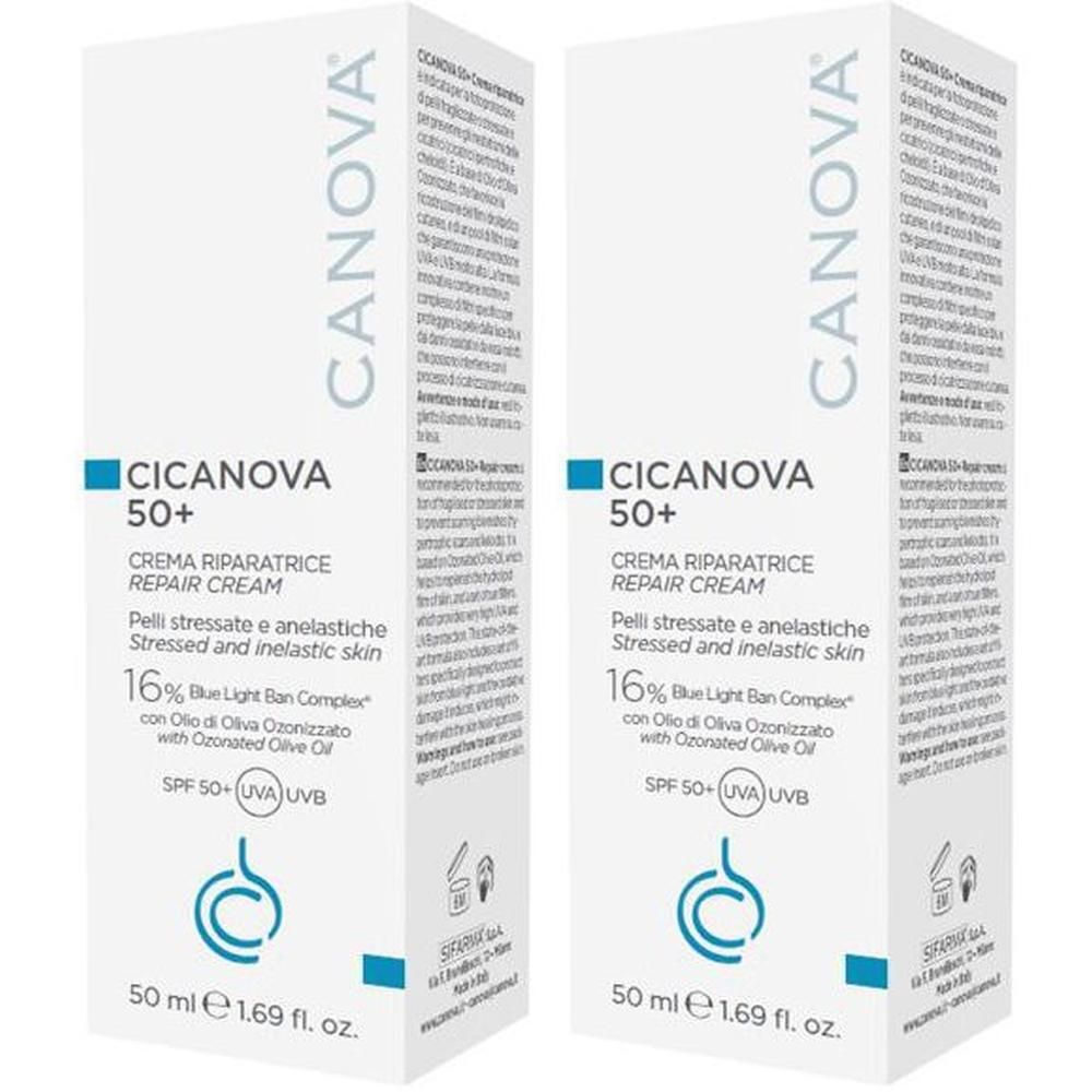 Due confezioni di CANOVA Cicanova 50+ Crema Riparatrice con SPF 50. 50 ml.
