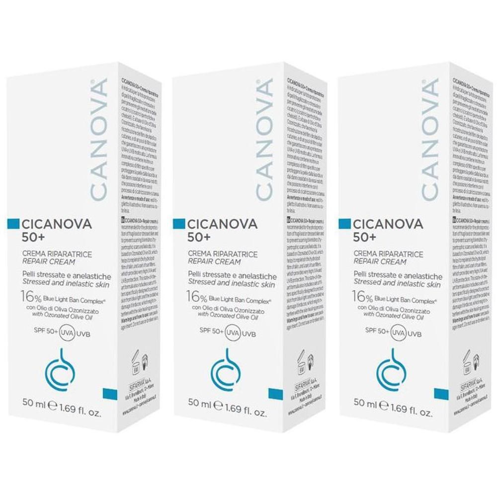 Tre confezioni di crema riparatrice CANOVA Cicanova 50+ con SPF 50. Scatole bianche con accenti blu.