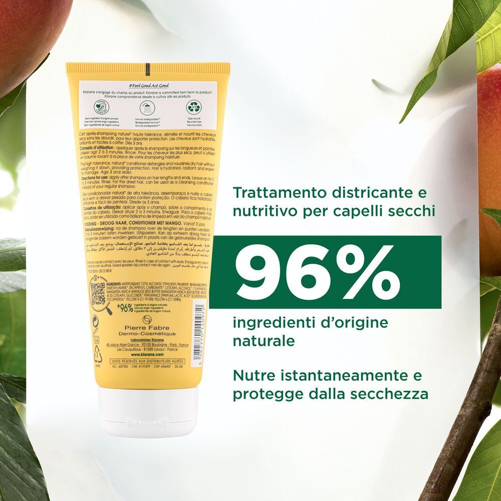Tubo giallo per balsamo per capelli con informazioni su ingredienti naturali e cura per capelli secchi.