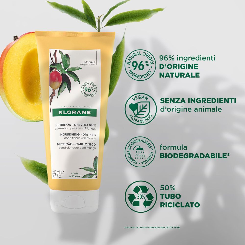 Klorane Balsamo Nutriente Capelli Secchi al Mango, tubo da 200ml con illustrazione di mango e sigilli ecologici.
