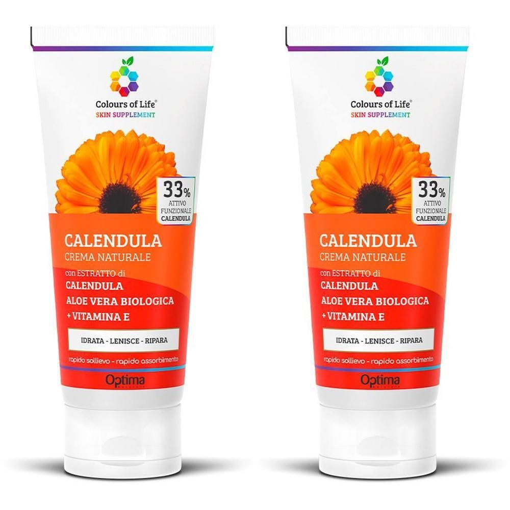 Due tubi di Optima Calendula Crema Naturale con estratto di calendula, aloe vera biologica e vitamina E.