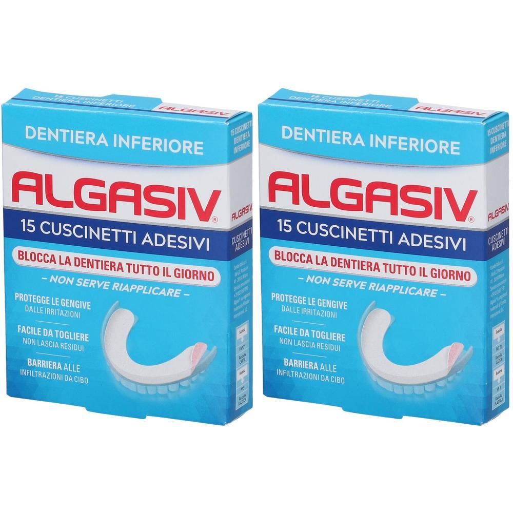 Due confezioni di Algasiv cuscinetti adesivi per dentiera inferiore.