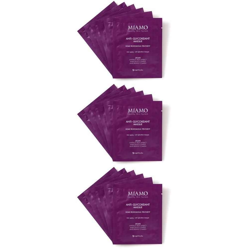 Tre file di confezioni singole viola della Maschera Anti-Glycoxidant Miamo.