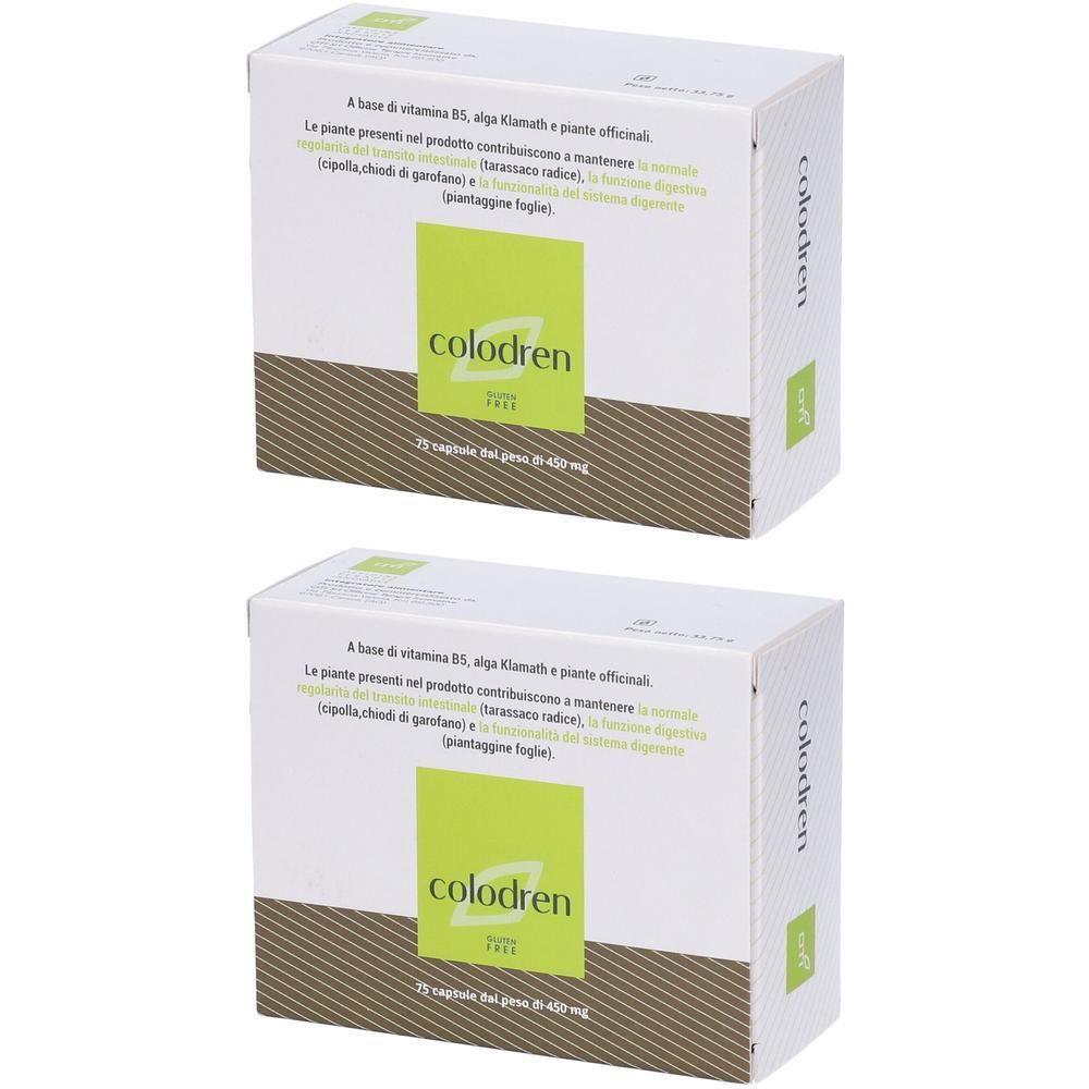 Due confezioni di capsule Colodren, scatole bianche con accenti verdi e marroni.