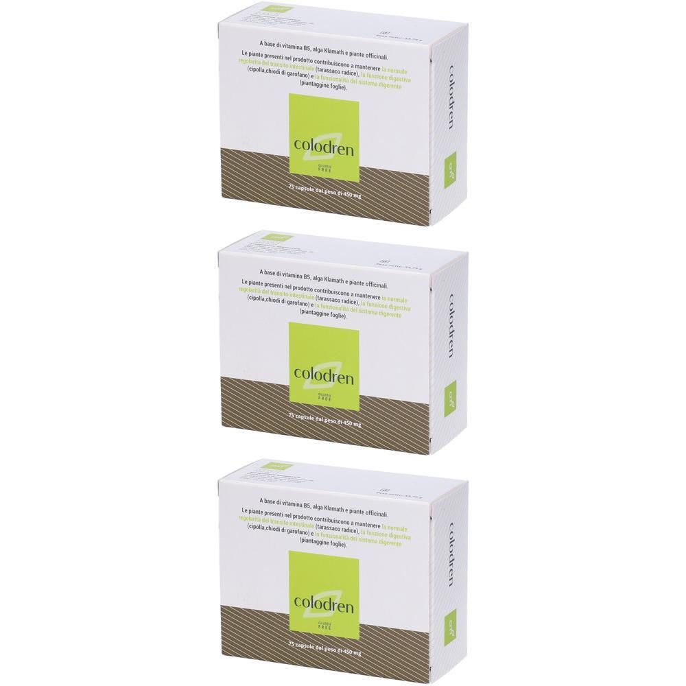 Tre confezioni di capsule Colodren, bianche con fascia verde e marrone. Contiene 15 capsule per confezione.