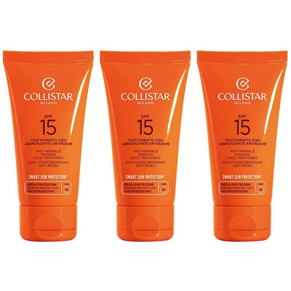 Tre tubetti di Collistar Trattamento Viso Abbronzante Antirughe SPF15.
