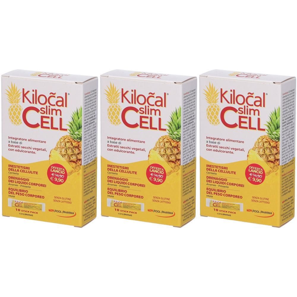 Tre confezioni Kilocal Slim Cell con motivo ananas. Contiene 10 bustine per confezione.