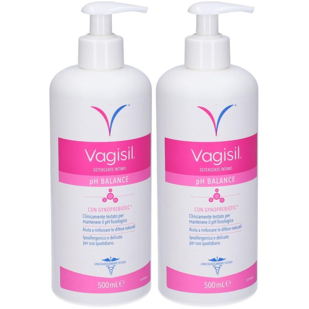 Due flaconi bianchi con pompa Vagisil pH Balance, detergente intimo, 500ml ciascuno.