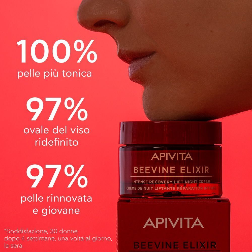 Vasetto rosso APIVITA BEEVINE ELIXIR crema notte su un cofanetto rosso.