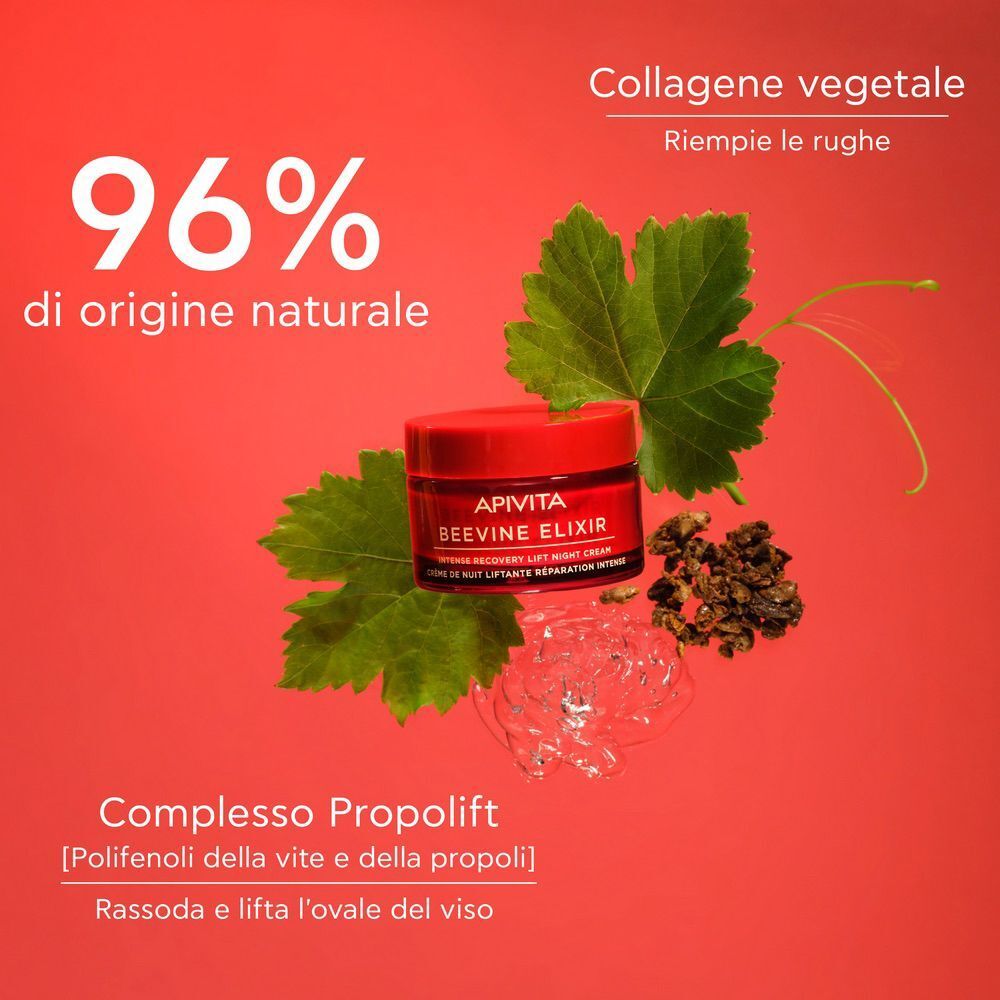 Vasetto Apivita Beevine Elixir con foglie di vite e uva.
